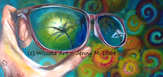 Oversized sunglasses fill the canvas, the lenses mirroring a bright beach scene against a vibrant background.
