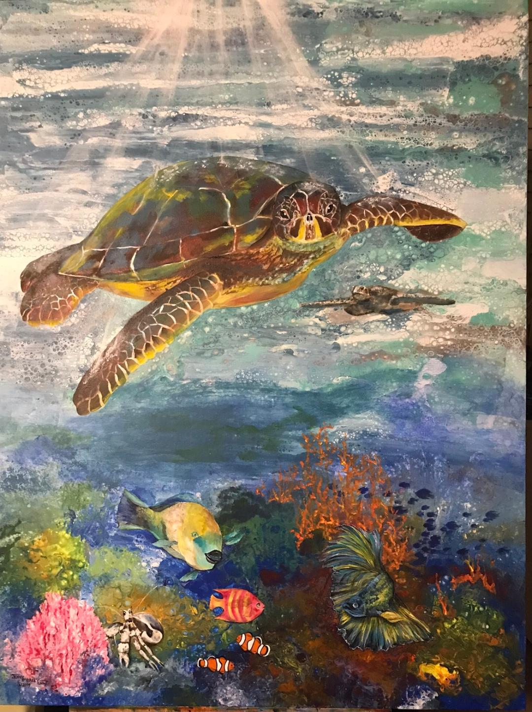 A green sea turtle glides through sunlit water above a coral reef busy with parrotfish, clownfish and a fantail betta.