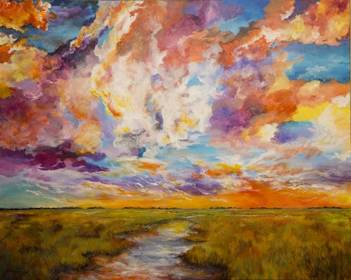 Everglades sawgrass and water under a wide sky, worked in warm golds and greens.