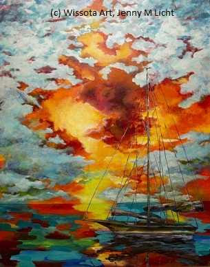 A lone sailboat under a brooding sky on a surreal, luminous sea.