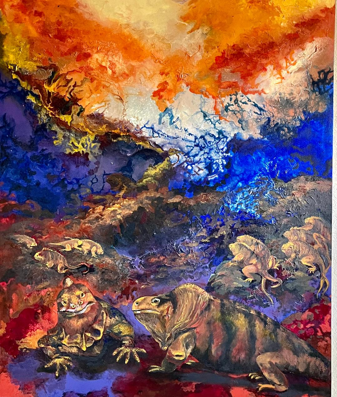 Iguanas basking on dark rocks beneath a churning orange and cobalt sky, the surface built up in heavy texture.