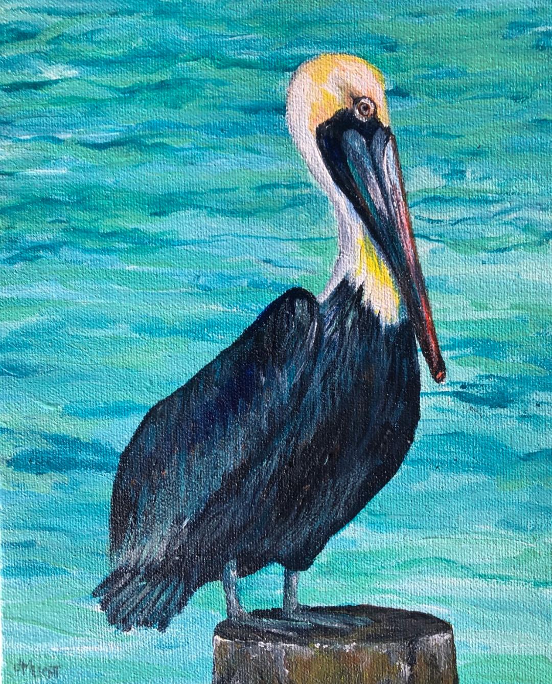 A brown pelican perched on a weathered piling, turquoise water rippling behind it.