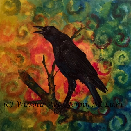 A single crow mid-call on a vibrant, dynamic background.
