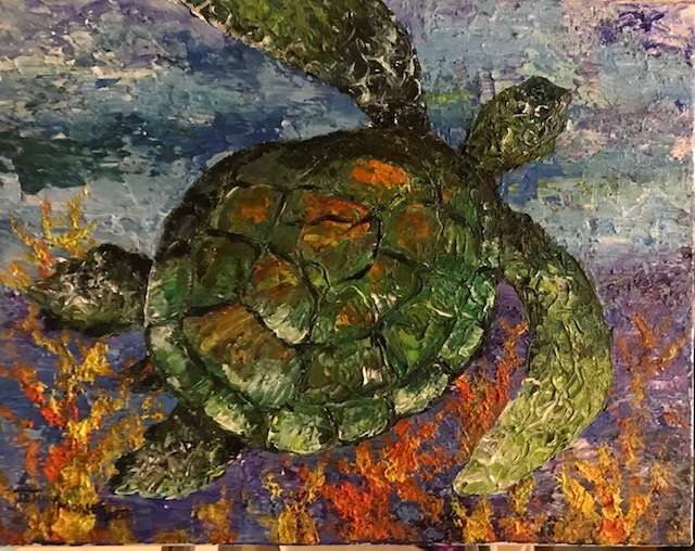 A green sea turtle above a coral bed, built up in thick impasto strokes of green, violet and orange.