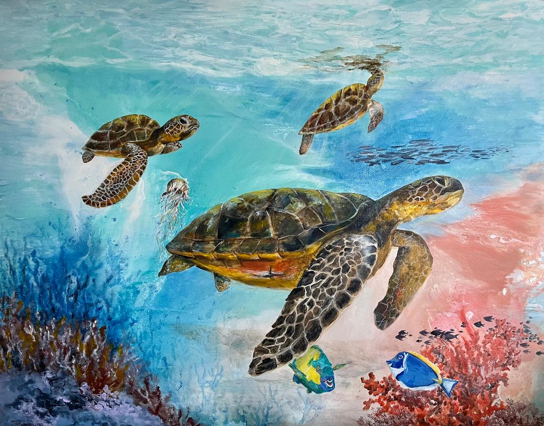 Three sea turtles roaming a reef of coral, fish and jellyfish with sunlight streaming down from the surface.